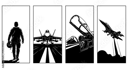 Military pilot walking to fighter jet on runway with cockpit closeup and aircraft taking off in sky