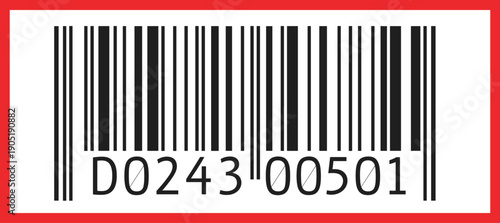 Barcode label with serial number inside red frame representing product identification inventory tracking and retail scanning concept