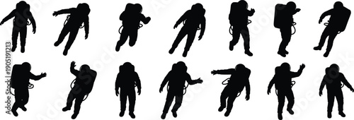 Astronaut silhouette collection showing floating spacewalk poses, black vector illustrations for science fiction, space exploration, technology, and education design projects