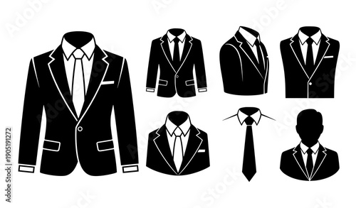 Black and White Uniform Suit and Tie Silhouette Vector Icons