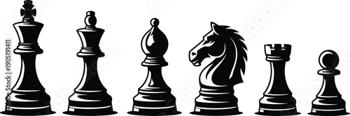 Classic chess pieces silhouettes set, king queen bishop knight rook pawn, strategy board game icons, black vector illustration isolated