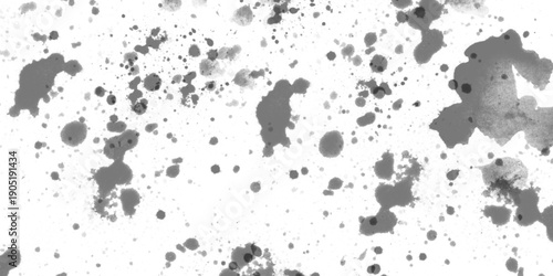 Monochromatic abstract splatter pattern, a digital art creation featuring irregular dark gray spots and droplets on a white background