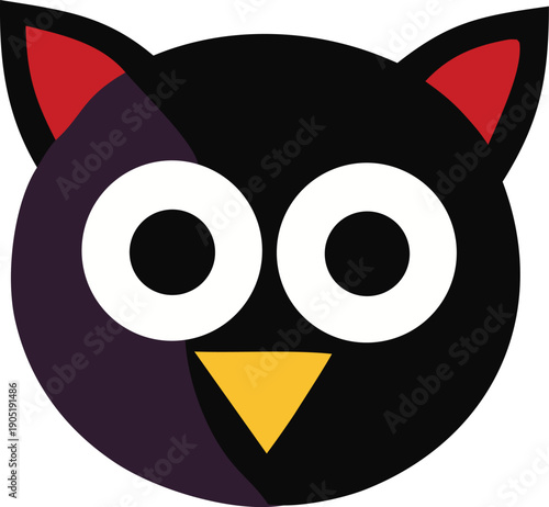 A stylized illustration of a black and purple owl with large white eyes and red ears