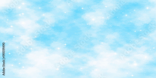An abstract blue bokeh background merges with a bright summer sky where beautiful white fluffy clouds float in the natural sunlight of a clear high atmosphere