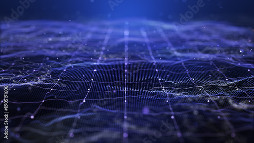 Abstract digital landscape with glowing purple data network and topographic wireframe lines on dark background.