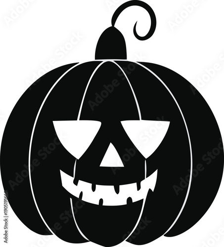 A black and white illustration of a classic halloween jack-o'-lantern.