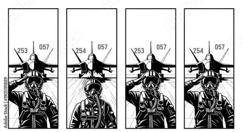 Four military pilots saluting with fighter jets overhead in black and white illustration