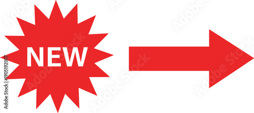 New product label burst with red arrow direction symbol for promotion marketing announcement and attention grabbing design