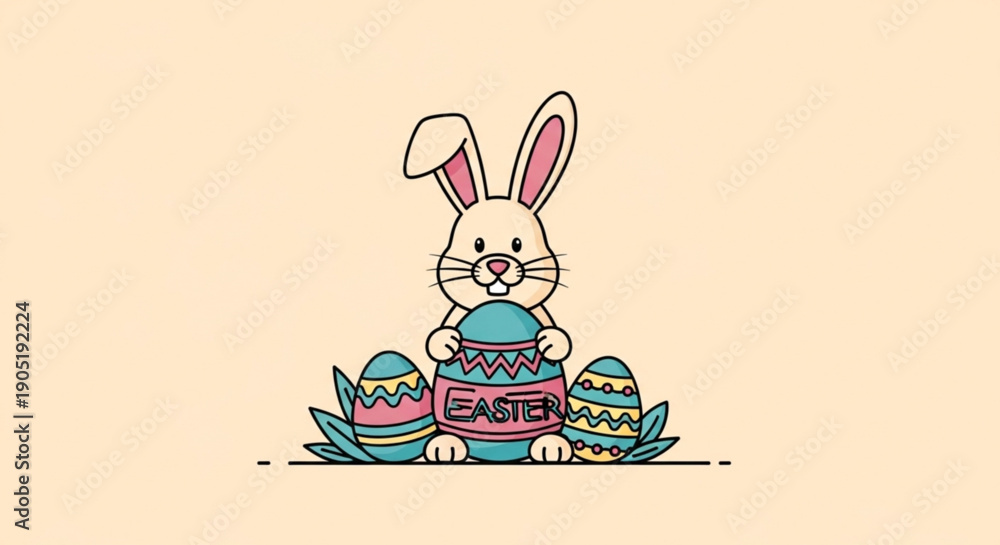 Fototapeta premium Easter bunny holding decorated eggs in pastel colors on a beige background with leaves