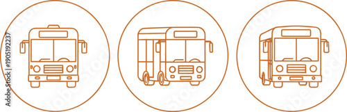 City bus outline icon set in orange circles, public transportation and urban travel vector symbols collection