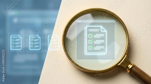 Document checklist inspection – magnifying glass reviewing digital forms and compliance lists