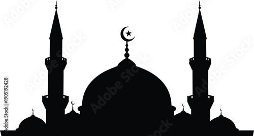 Silhouette of a grand mosque with dome and minarets against a white background