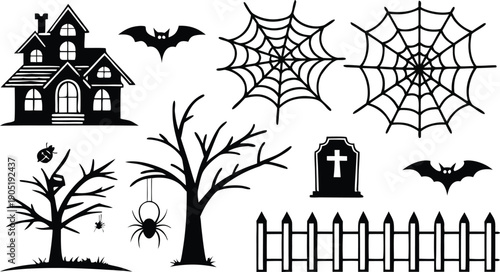 Spooky halloween clipart featuring haunted house, bats, spider webs, and tombstones