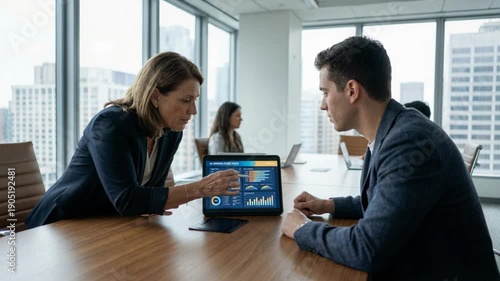 Ai for small business consultant and client review financial dashboard tablet analytics and finance meeting with team reviewing growth charts modern