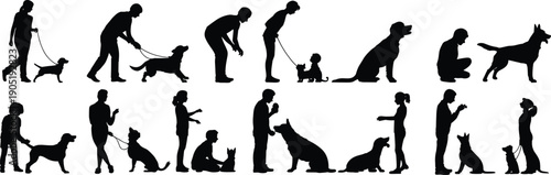 People training and walking dogs silhouette set showing pet care activities, family interaction, black vector illustrations for lifestyle design projects