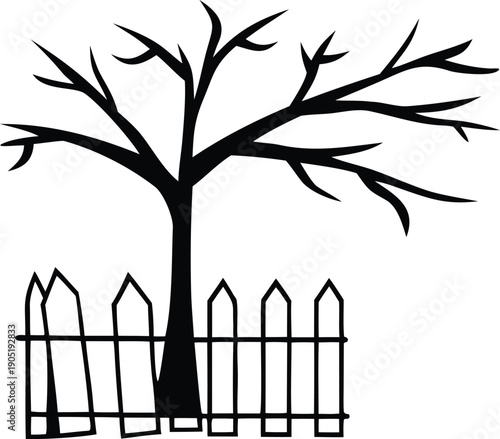 A stark black and white illustration of a tree behind a picket fence.