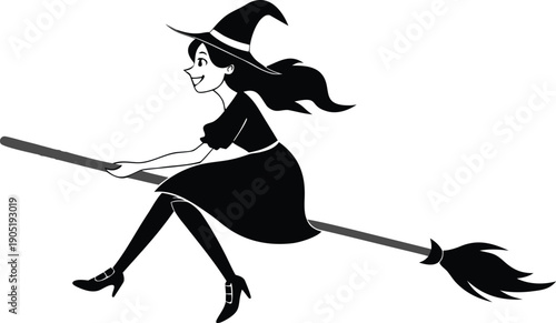 A witch riding a broomstick in a whimsical and enchanting illustration