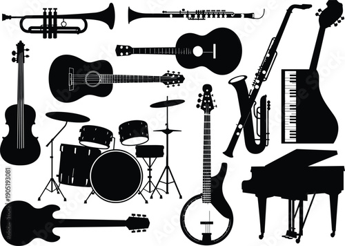 Musical instrument silhouettes set, guitar, piano, trumpet, saxophone, violin, drums, banjo, orchestra collection, black vector illustration isolated design element concept