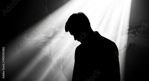 Silhouette of a man in darkness with a beam of light shining through evoking feelings of hope and contemplation in a dramatic atmosphere