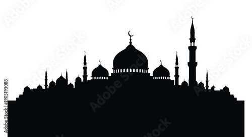 Islamic mosque silhouette with domes and minarets on white background
