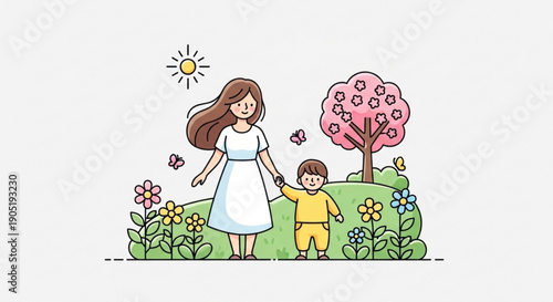 Mother and Child Walking in Flower Field with Pink Tree during Sunny Day