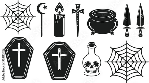 Halloween icons featuring crosses, skulls, spider webs, and more