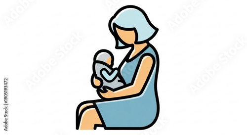 Mother Holding Baby in Blue Dress Sitting on White Background