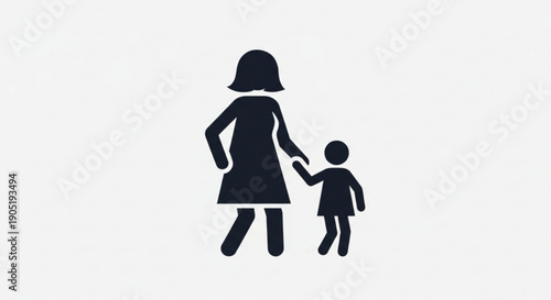 Mother Holding Childs Hand, Simple Silhouette Illustration, Isolated on White