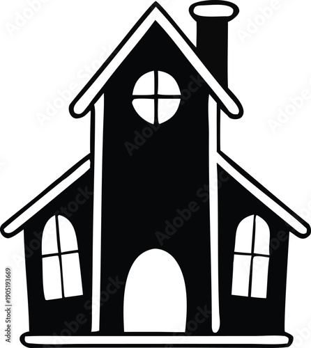 A detailed illustration of a church building with a steeple and arched doorway