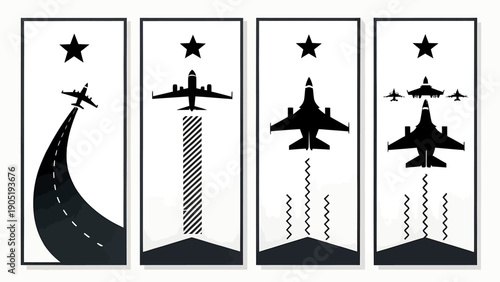 Four black and white illustrations of fighter jets flying in different directions with stars