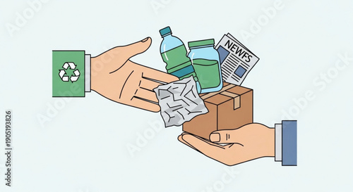Recycling Hands Exchanging Plastic Bottle and Trash for Cardboard Box with Newspaper