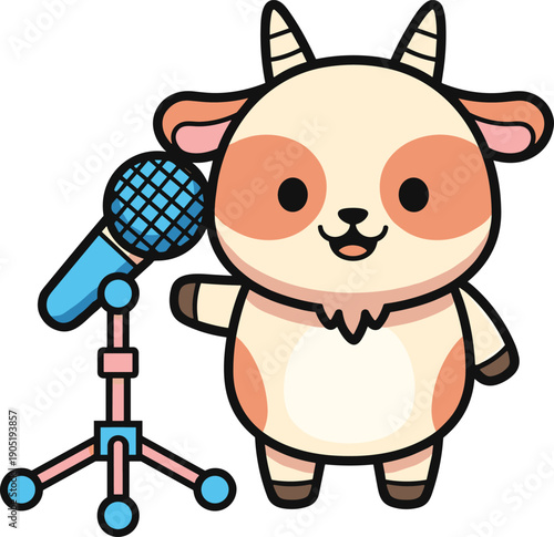 Adorable cartoon baby goat character standing next to a microphone on a stand isolated on white background for kids and music