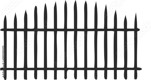 A black metal fence with pointed tips and horizontal bars in a linear arrangement