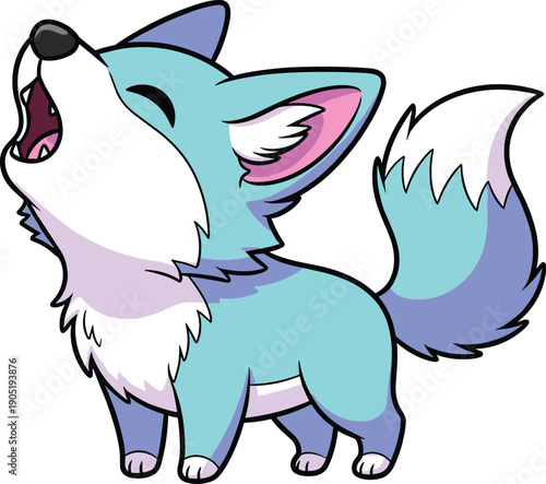 Adorable cartoon blue fox pup howling with mouth wide open and fluffy tail isolated on white background for kids and nature