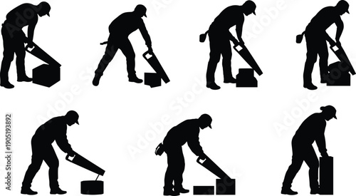 Worker chainsaw silhouettes set, industrial cutting activity, construction labor concept, wood sawing process, black vector illustration isolated collection design
