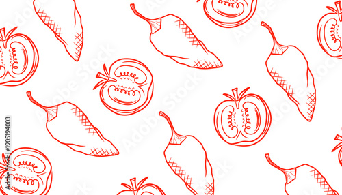 Chili Pepper and Tomato Hand Drawn Seamless Pattern. Minimal Vegetable Line Art Background. Food Doodle Vector Illustration.