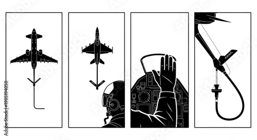 Black and white vector illustrations of aircraft pilot and parachute equipment on white background aviation