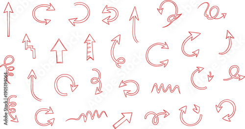 Red hand drawn arrow doodle set with curved circular and sketchy direction symbols for creative navigation design