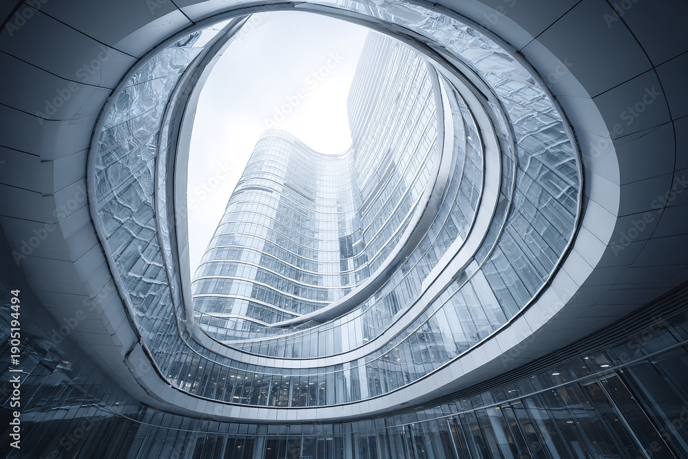 Fototapeta premium Modern curved skyscraper glass building architectural design wide angle view urban structure reflective surface futuristic architecture cityscape office tower steel frame