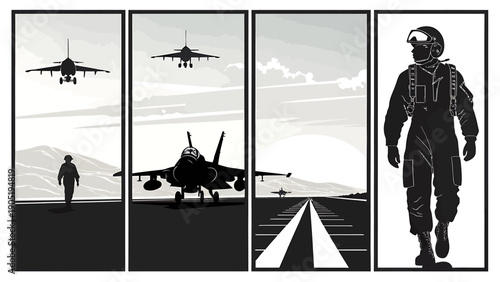 Military aviation theme collage with pilot aircraft and runway in monochrome style symbolizing power and readiness