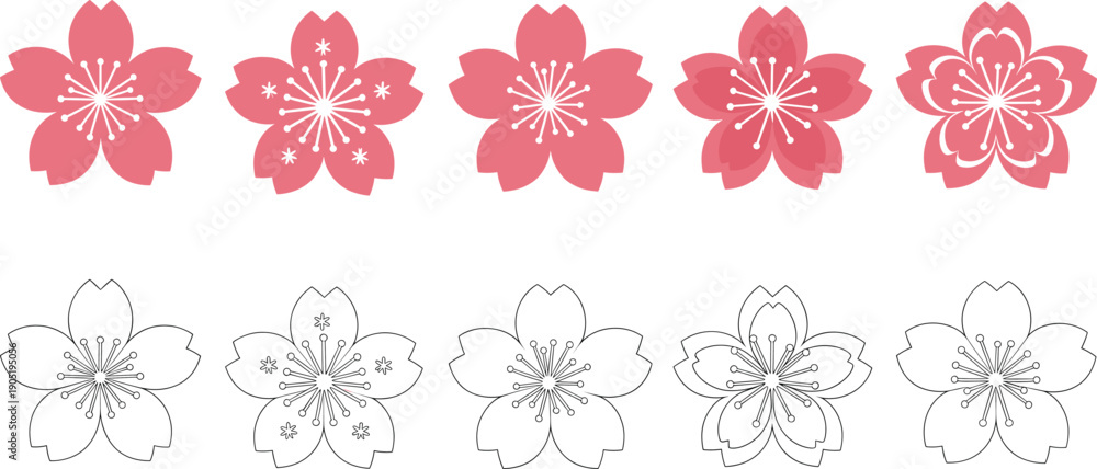 Fototapeta premium Cherry blossom flower icon set in pink and outline styles representing sakura floral spring decoration design elements
