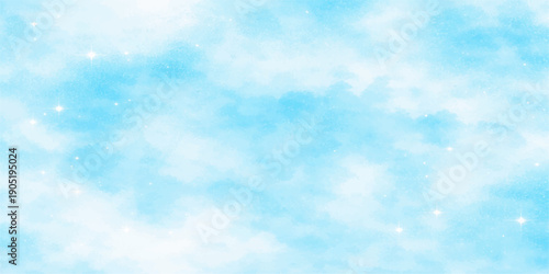 A beautiful abstract blue sky background features bright white fluffy clouds and natural sunlight glowing through a clear summer atmosphere