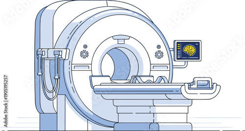 Modern MRI scanner machine illustration for medical diagnostic imaging, magnetic resonance imaging equipment with brain scan monitor, isolated on white background.
