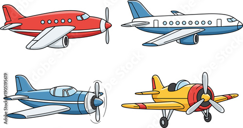 Set of colorful cartoon airplanes including propeller planes and commercial jets for children's travel and aviation transport illustrations isolated on white.