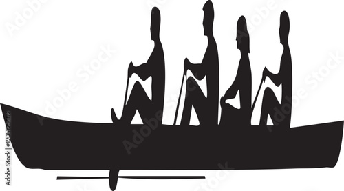 Four people rowing a boat on calm water in silhouette teamwork and harmony on the surface