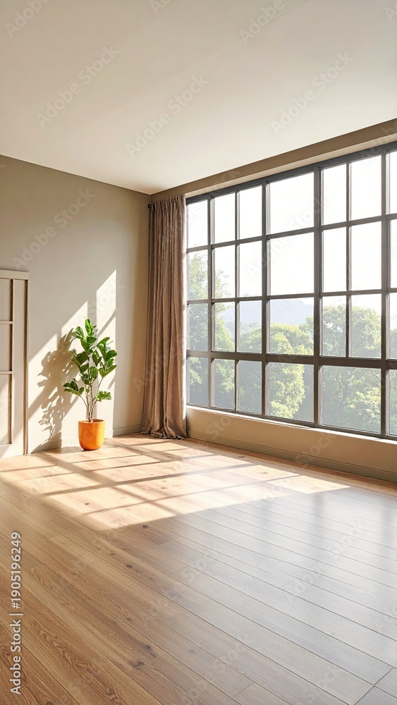 Fototapeta premium Airy room window, plant, wood floor, sunny light