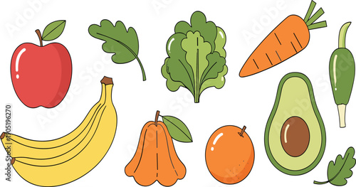 Fresh fruit and vegetable vector set with apple banana carrot avocado and healthy food illustration collection