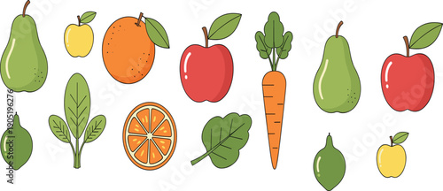 Fresh fruit and vegetable vector illustration set with apple pear orange carrot and healthy food icons