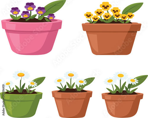 Cute potted flowers cartoon vector illustration set featuring colorful blooming plants in pots for garden decoration design