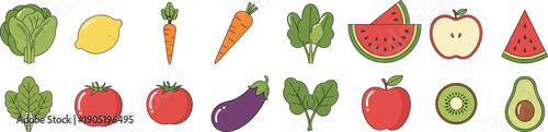 Colorful fruit and vegetable vector set with fresh produce icons healthy food illustration collection